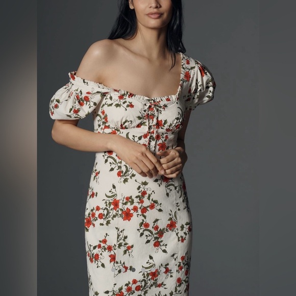 New Anthropologie Puff Sleeve Smocked Dress L Cottagecore Floral Midi Maeve - Picture 7 of 14